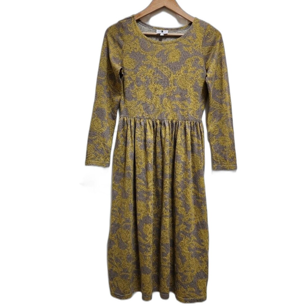 Dainty Jewells Yellow Gray Floral Knit Long Slv Midi Dress Size S Cottagecore